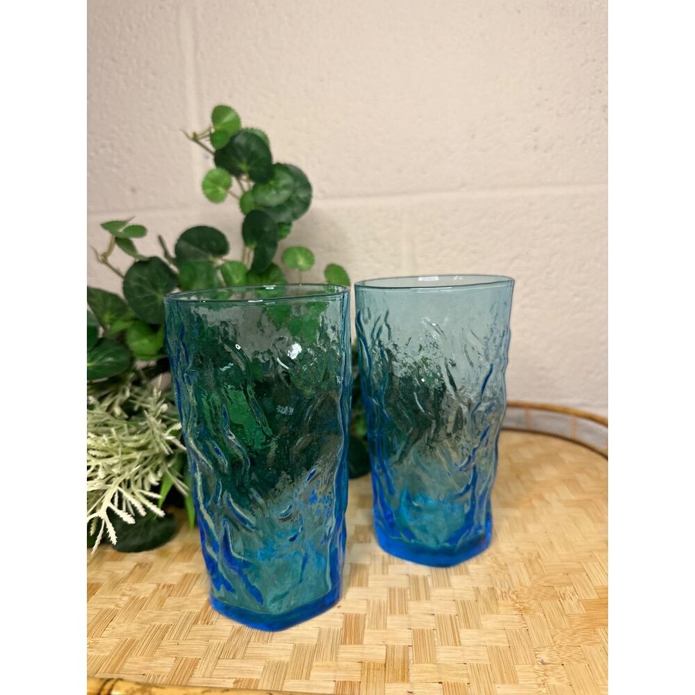 VTG Lido Milano Aquamarine Juice Glasses Set‎ of 2 Retro Textured MCM Drinkware